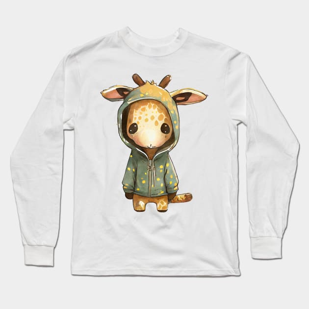 Cartoon Giraffe Wearing Hoodie Long Sleeve T-Shirt by Chromatic Fusion Studio